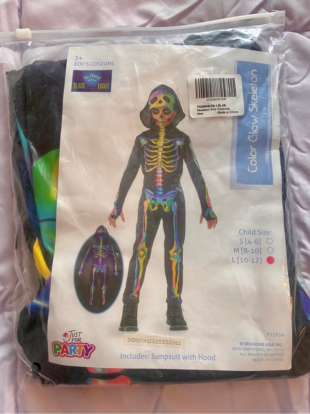 Color Glow Skeleton Kids' Halloween Jumpsuit - Black with Multicolor Glow